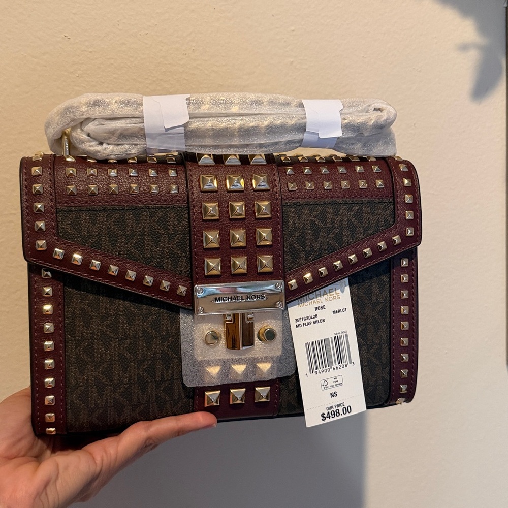 MICHAEL KORS ROSE MERLOT MD FLAP SHOLDER BAG